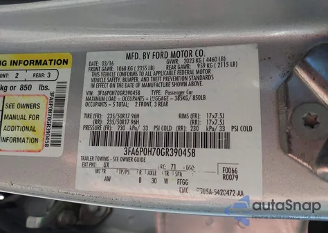 2016 Ford Fusion Se z USA, uszkodzony, nr VIN 3FA6P0H70GR390458